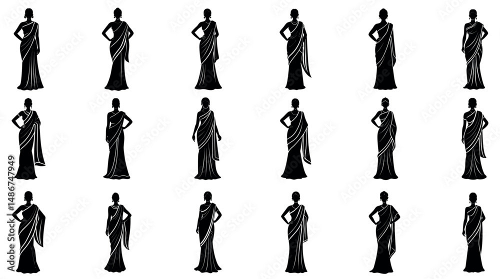 A set of Silhouette of a faceless womans in a traditional saree, standing gracefully with soft pleats and drap
