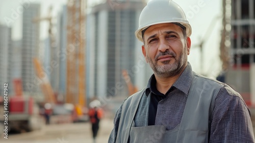 A middle-aged man wearing a hard hat and work attire stands confidently at a construction site. The image portrays a sense of professionalism and dedication in the industry.