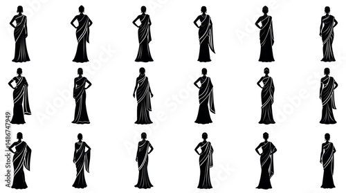 A set of Silhouette of a faceless womans in a traditional saree, standing gracefully with soft pleats and drap