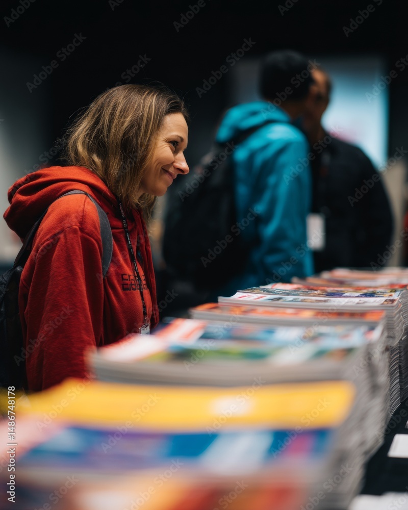 Fototapeta premium A woman smiles while looking at magazines and publications on display at an event or convention.