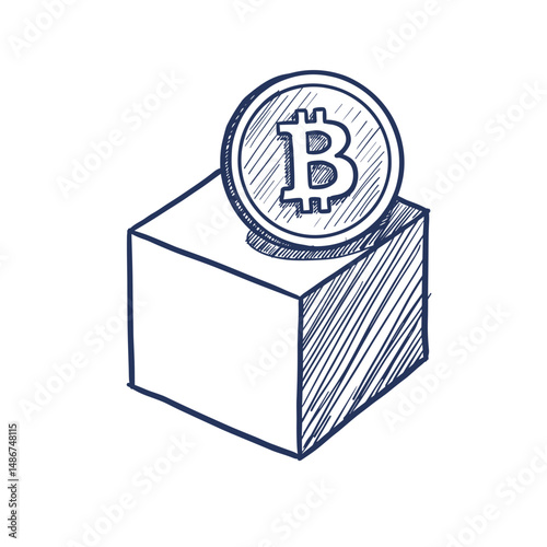 Bitcoin coin resting on a cube in sketch style  