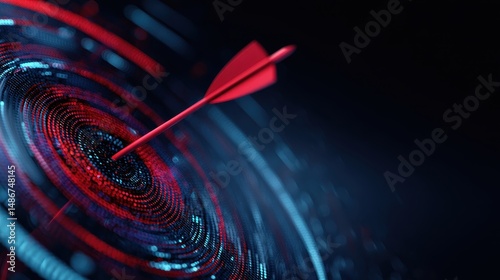 Red arrow aiming at concentric circles with glowing dots in a dark background representing focus, precision, and goal achievement in business or sport
