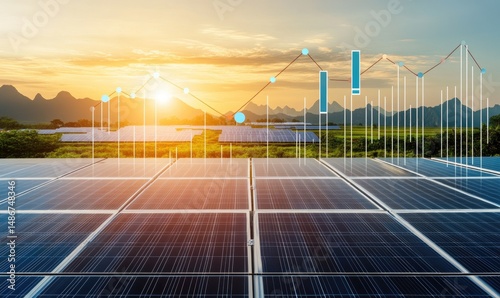Solar panels with data overlay on a rural landscape at sunset.  Graphs and charts are superimposed on the scene