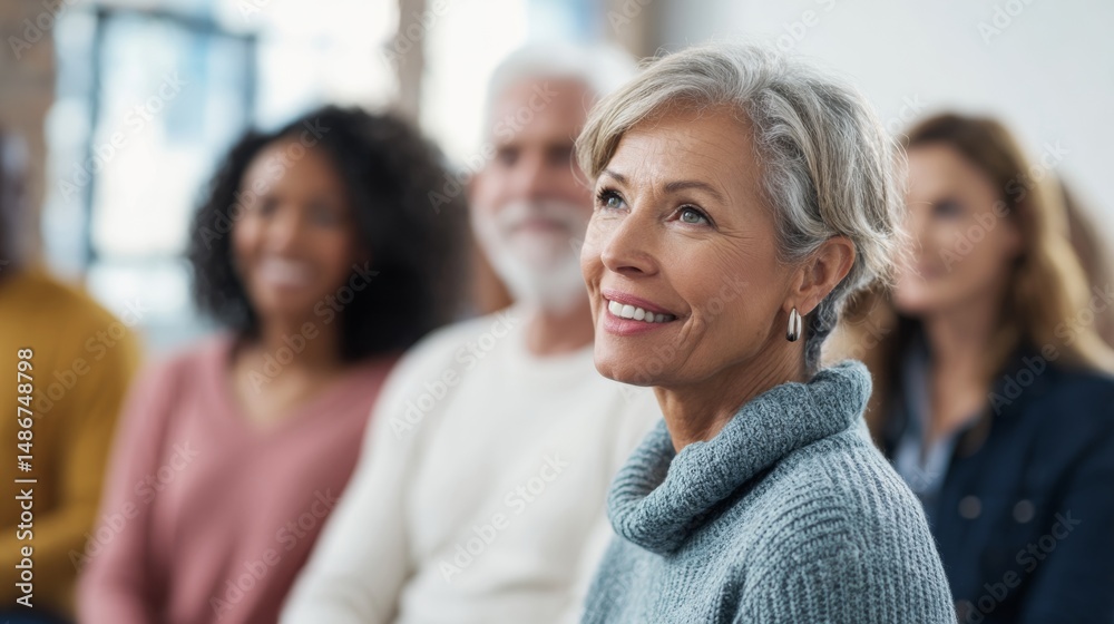Obraz premium Close-up of a smiling senior woman looking up during a presentation with the audience in background.