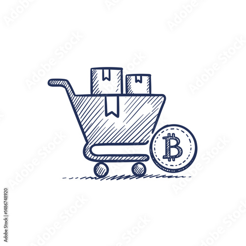 Shopping cart with packages and Bitcoin symbol representing cryptocurrency in the real world concept