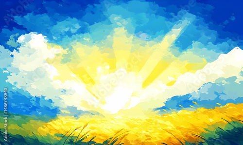 Abstract Landscape Painting of Bright Sunlight Bursting Through
