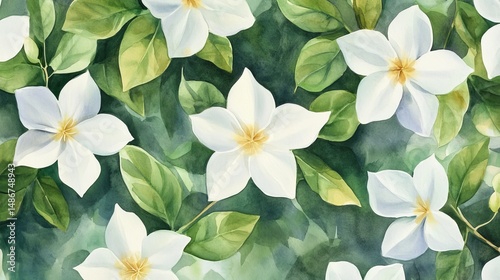 Elegant White Flowers Watercolor Painting Lush Green Leaves Botanical Illustration Nature Floral Design Spring Summer Blossom White Petals Garden     