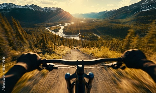 Mountain biking sunset descent.
