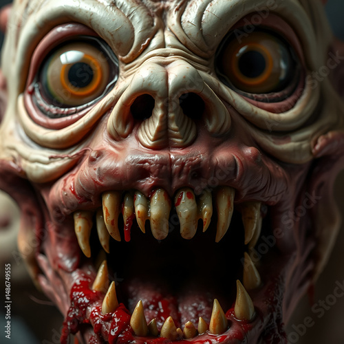 Close-up of a grotesque creature with large, wide eyes and a gaping maw filled with sharp teeth.  Visible blood and decaying flesh are featured