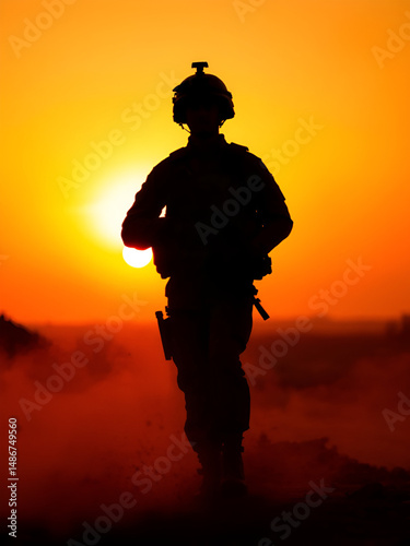 Soldier silhouetted in glowing sunset with dust motes.