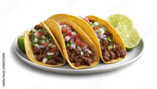 Three tacos with beef filling, toppings, and lime wedges on a plate