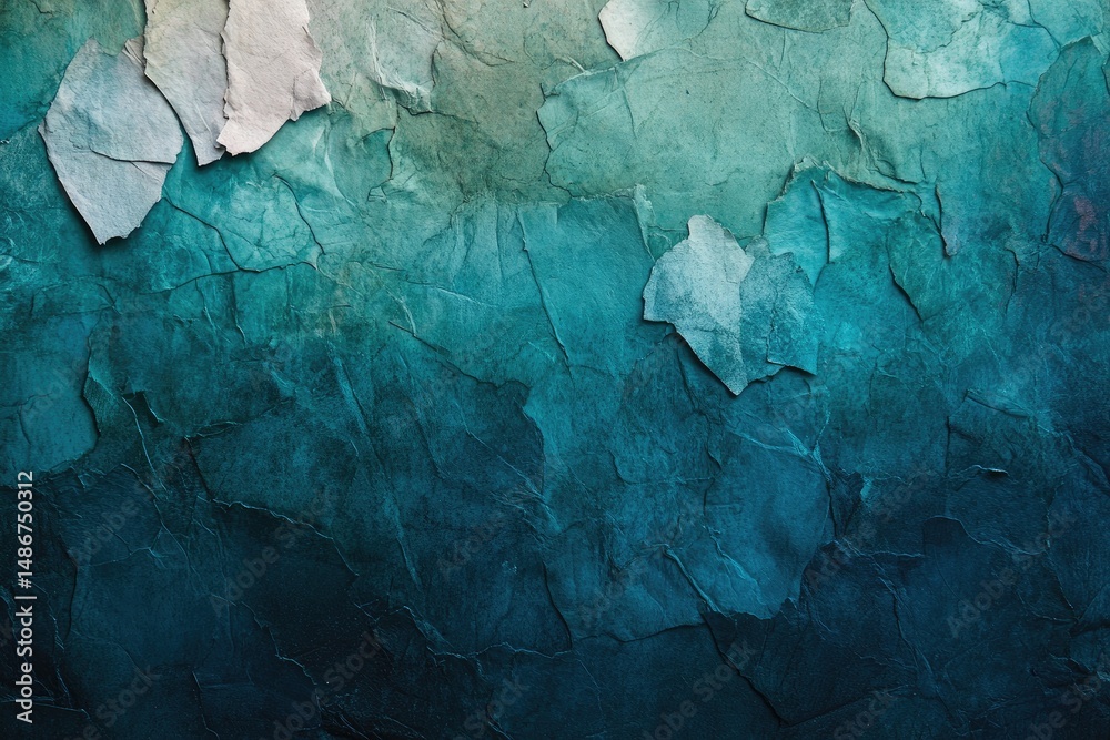 Naklejka premium Textured teal and off-white abstract surface. Rippled, layered, and fragmented paper-like material. Soft gradient of teal hues from light to dark