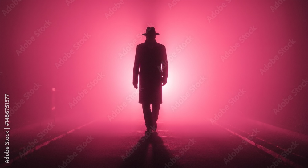 Fototapeta premium A mysterious silhouette of a person in a hat and trench coat walking on a road shrouded in pink fog, creating an eerie and suspenseful atmosphere.