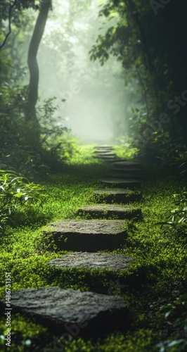 Misty forest path with stone steps