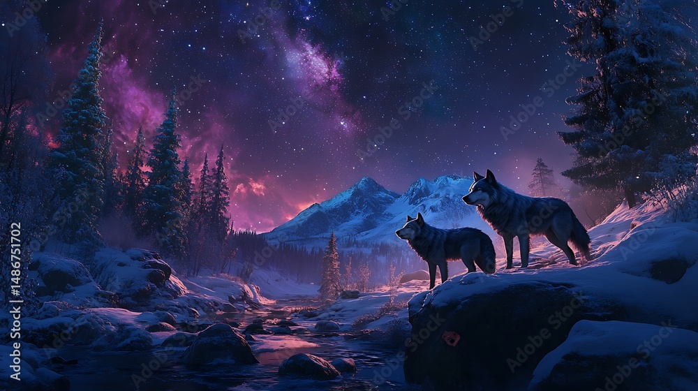 Fototapeta premium Wolves winter landscape night sky