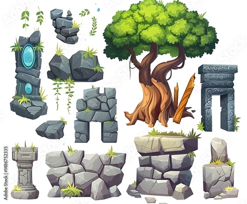Pixelated Stone Elements and Lush Tree Isolated on White Background
