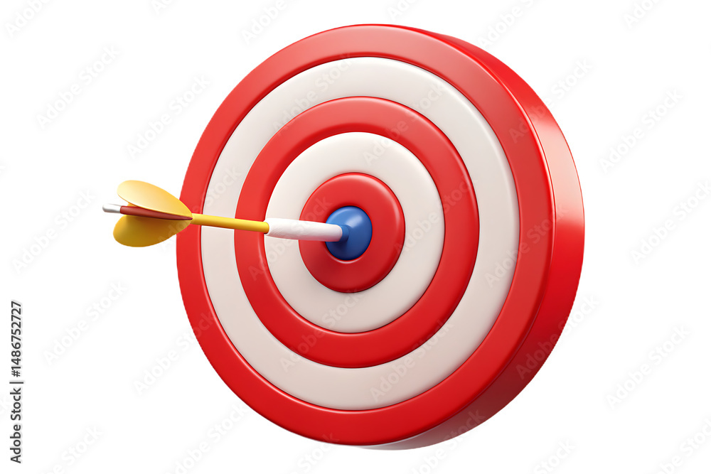 A yellow dart perfectly hits the bullseye of a red target. A yellow dart perfectly hits the bullseye of a red target.