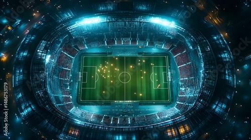 Aerial view of soccer stadium at night with bright lights and green field for sports and entertainment