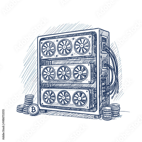 Sketch of a cryptocurrency mining farm with cooling fans and coins  