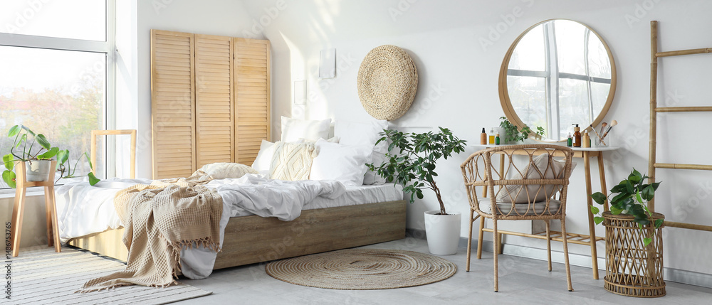 Bed, folding screen and dressing table with cosmetic products in interior of bedroom Bed, folding screen and dressing table with cosmetic products in interior of bedroom