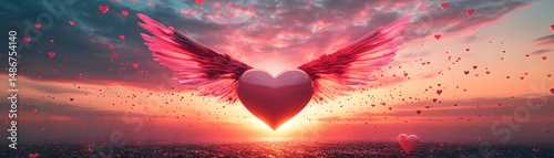 A heart with wings soaring through a sunset sky.