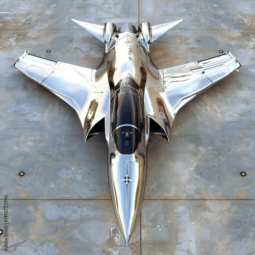 A sleek titanium fighter jet with a bio-mimicry design rests on concrete.