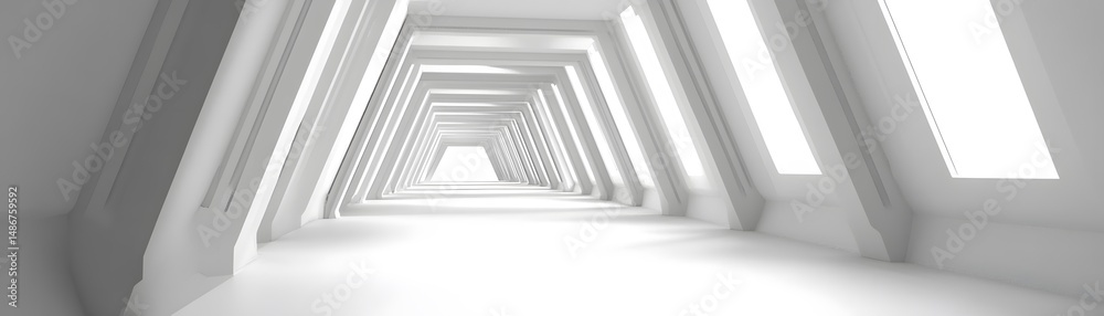 Obraz premium Empty, bright corridor with triangular architectural features.