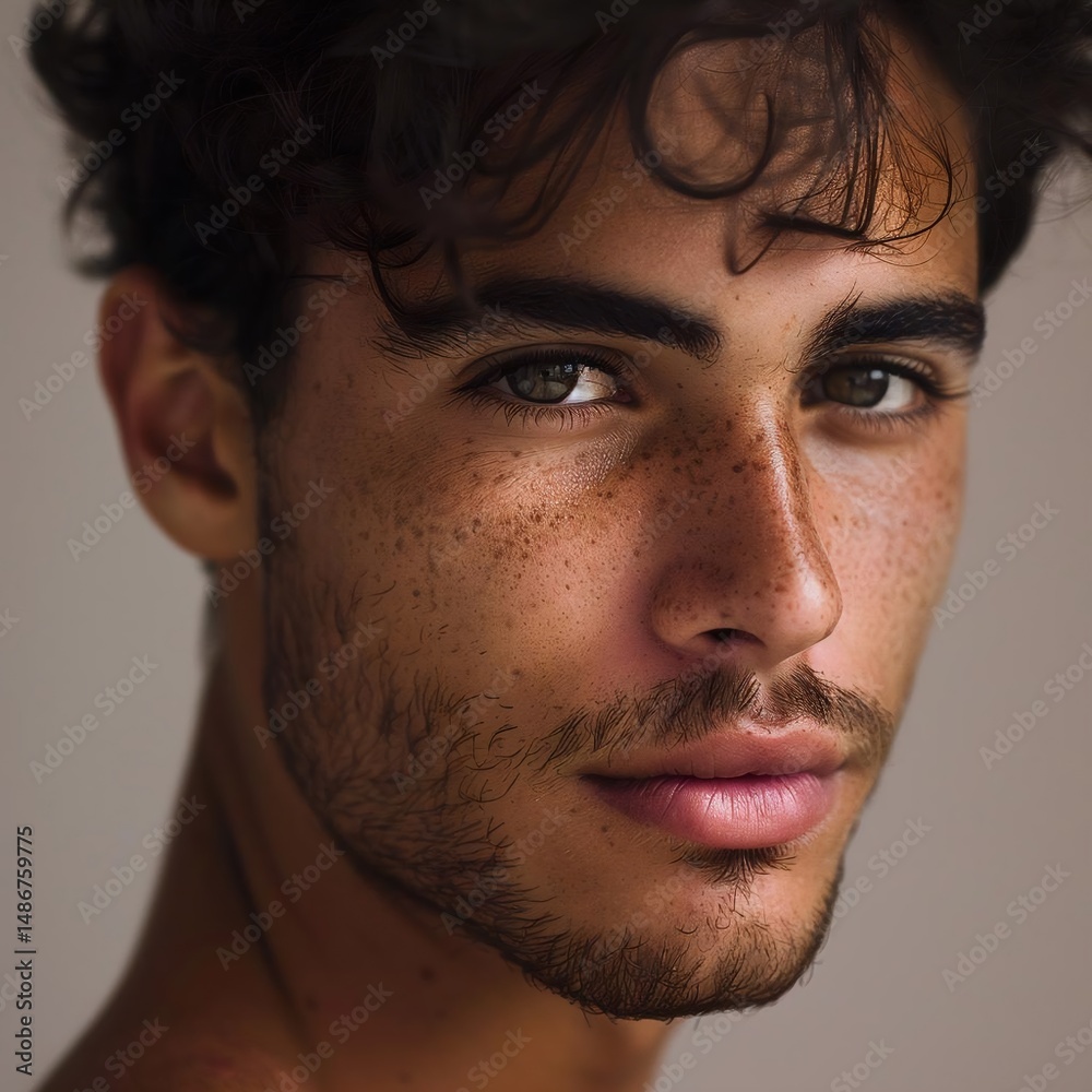 Fototapeta premium A young man with a beard and freckles looks directly at the camera with a neutral expression.