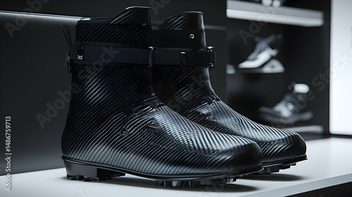 Sleek Carbon Fiber Ski Boots Displayed on Shelf photo