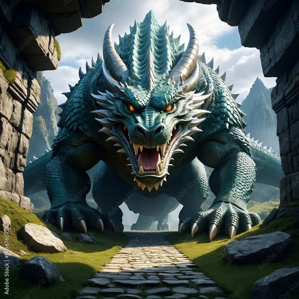 Mythical creature's mouth, a giant stone dragon, as the gateway to an underground world Ultra HD photo