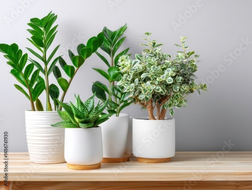 Wallpaper Mural House Plants in White Pots on Wooden Shelf. Home Decor, Indoor Plants, Minimalism. Torontodigital.ca