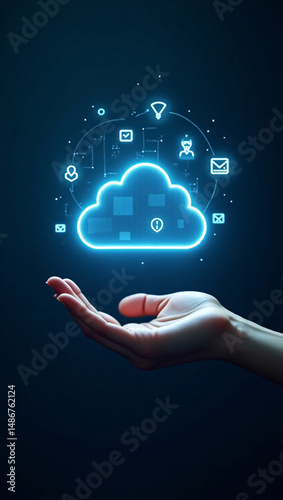Wallpaper Mural A hand holding a glowing blue cloud with icons, symbolizing the concept of cloud computing and digital technology Torontodigital.ca