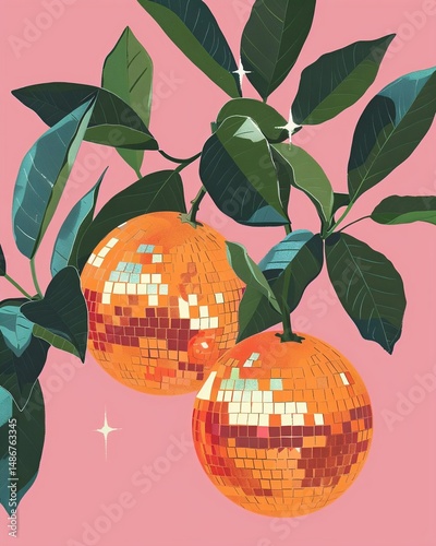 Two disco ball oranges hang from a branch amidst lush green leaves.