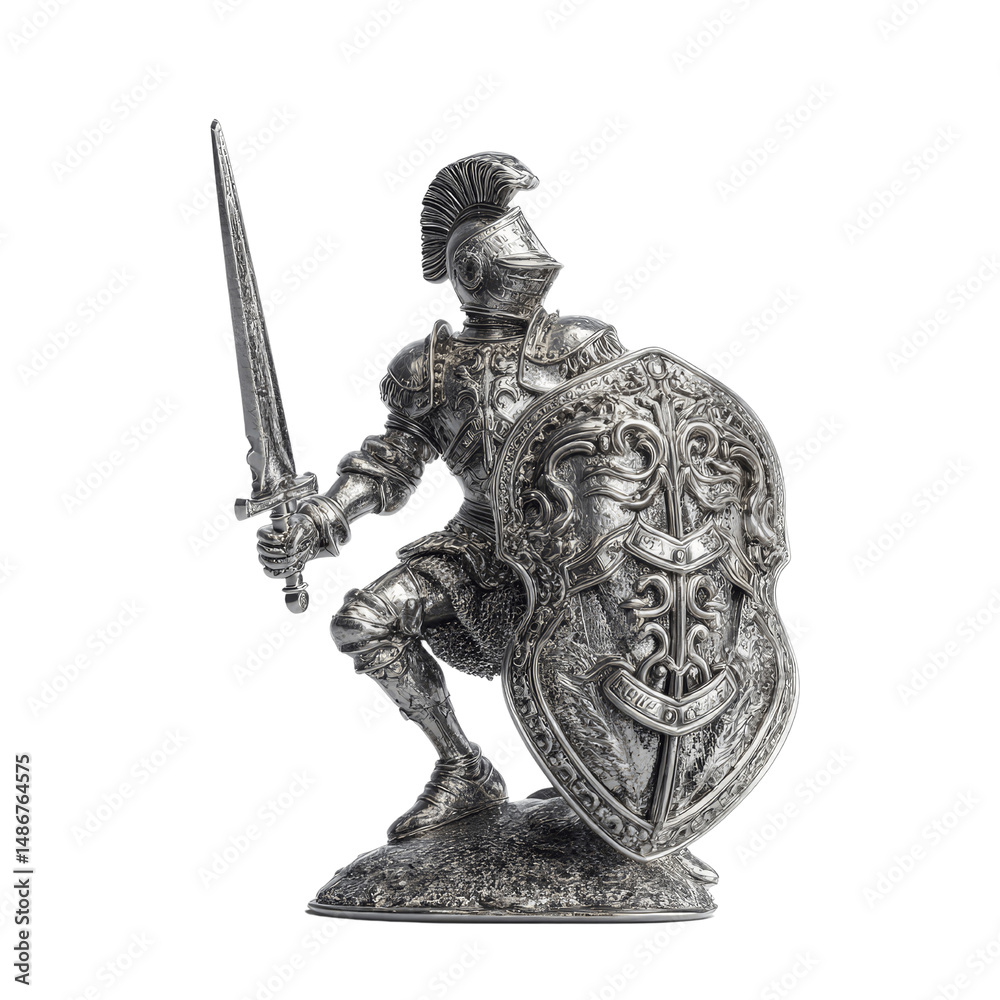 Fototapeta premium Medieval Knight Figurine - Silver Armor, Sword,