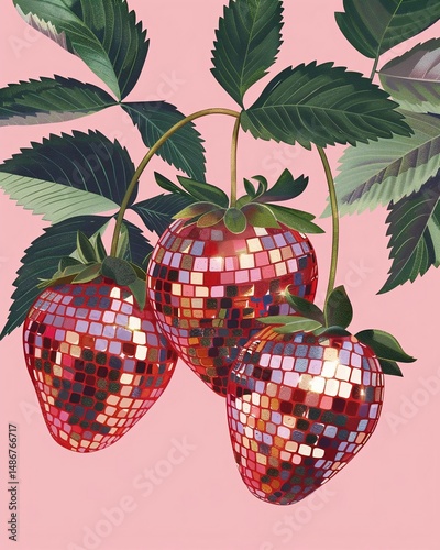 Three disco-ball-patterned strawberries, surrounded by lush green leaves, sit on a pink background, creating a simple yet striking composition.