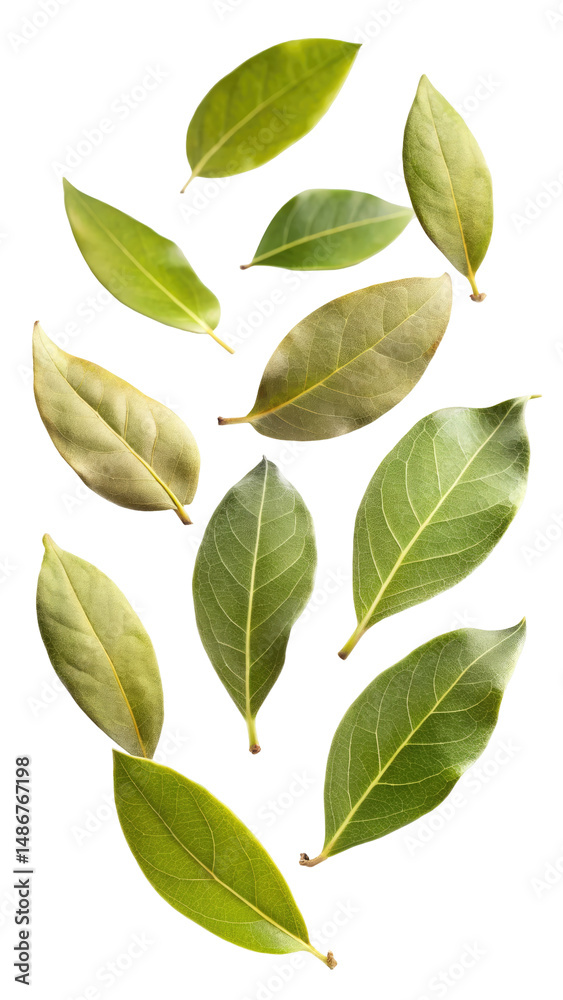 Naklejka premium Flying Fresh Bay Leaves with Natural Texture and Green Hue, Culinary Herb for Cooking and Spices isolated on transparent white background, clipping path