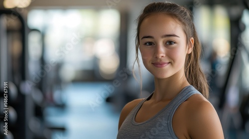 A young woman smiling confidently while wearing athletic clothing, captured in a modern gym setting, showcasing health, fitness, and an active lifestyle. Free Download A young woman smiling confidently while wearing athletic clothing, captured in a modern gym setting, showcasing health, fitness, and an active lifestyle. - GFXLoad