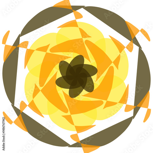 Artistic vector graphic featuring a circular design with overlapping geometric shapes and a floral-like center with warm tones It can be used for creative backgrounds and decorative purposes