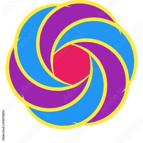 Vibrant radial design featuring swirling blue, purple, and pink elements outlined in yellow against a white background, ideal for creative projects and modern aesthetics