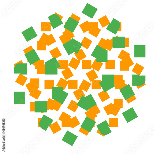 Abstract arrangement of green and orange squares creating a geometric pattern on white background Use for backgrounds, designs, or decorative elements.