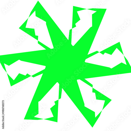 A green geometric shape is set against a white background, composed of angular spokes radiating from the center. This modern design is ideal for graphic design projects.
