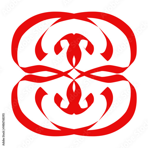 This abstract design features a symmetric arrangement of red curved shapes against a white backdrop, creating a visually striking image Ideal for artistic projects.