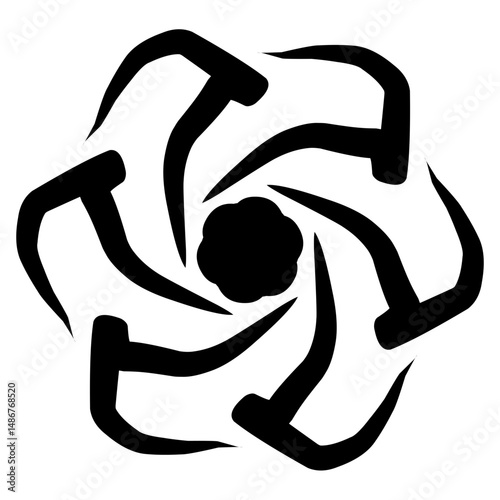 A stylized black and white floral design features geometric shapes arranged in a circular pattern, creating a modern abstract illustration Ideal for artistic backgrounds or design elements.