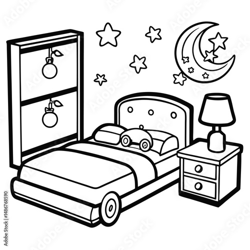 Kids Bedroom Coloring Page: Cute Bed & Night Sky Coloring Page