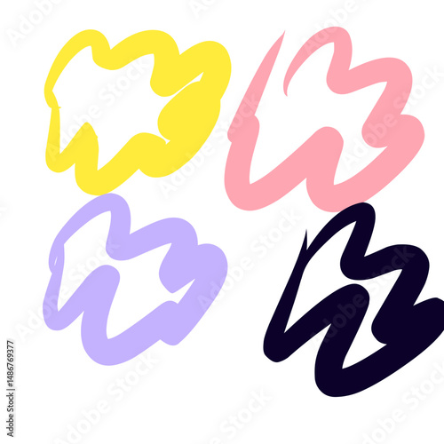 Colorful abstract shapes in yellow, pink, lilac and dark blue are arranged on a white background and can be used for creative graphic design projects