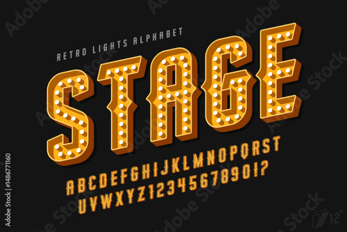 Retro circus alphabet design, cabaret, fairy LED lamps letters and numbers.