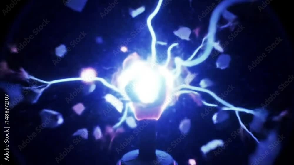 Ledakan futuristik sinematik dari teknologi plasma canggih, di mana energi biru dan ungu yang bercahaya meledak dari inti pusat