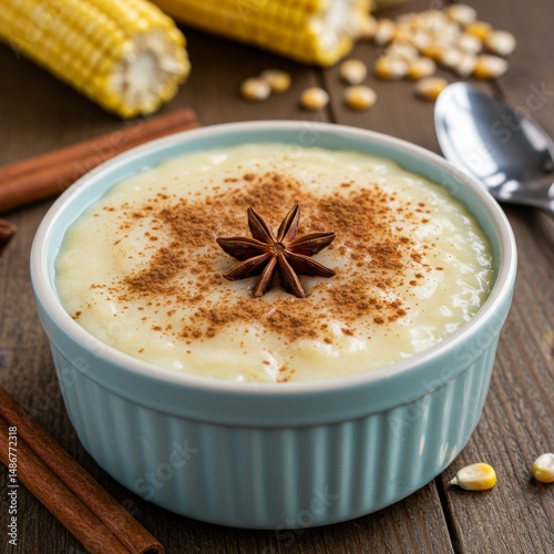 Traditional Brazilian Canjica Dessert with Cinnamon and Star Anise in Blue Bowl