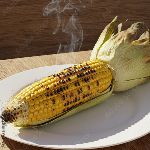 Hot Grilled Corn on the Cob with Husk on White Plate