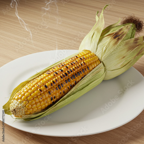 Hot Grilled Corn on the Cob with Husk on White Plate